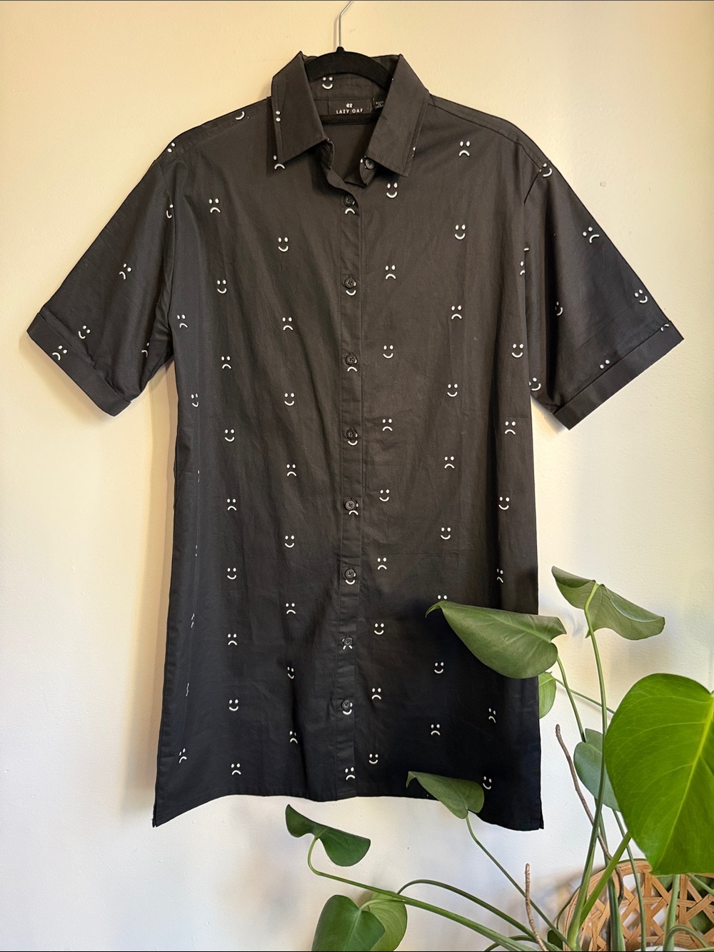 Lazy Oaf Black Button-Up Shirt Dress with White Face Print